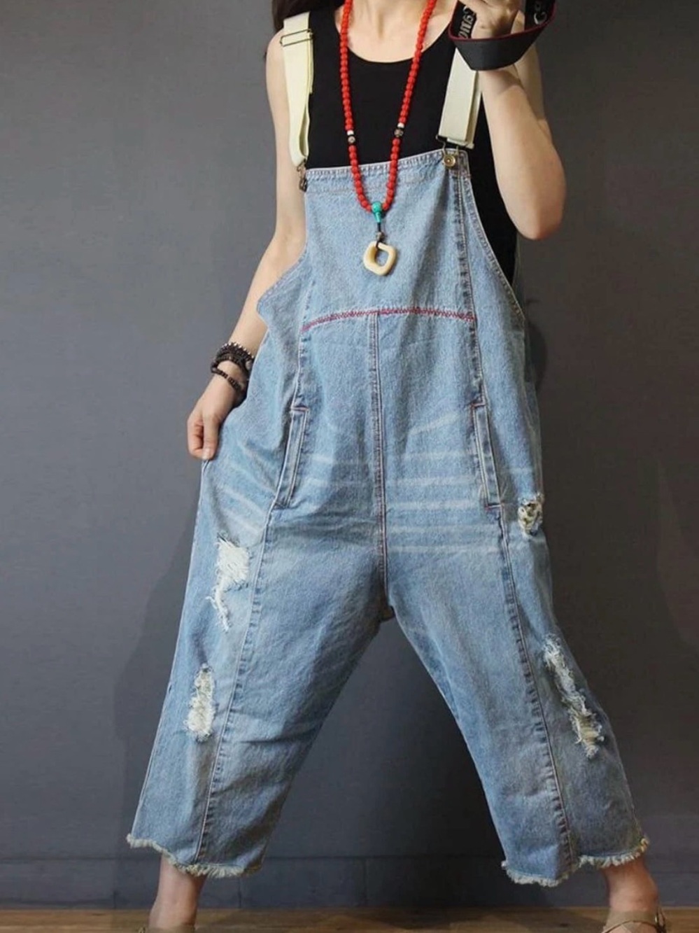 Relaxed Light Blue Distressed Denim Overalls for Women